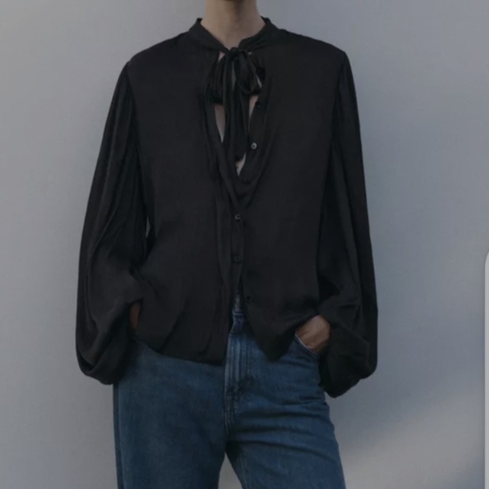 Zara Black Tie-Neck Blouse